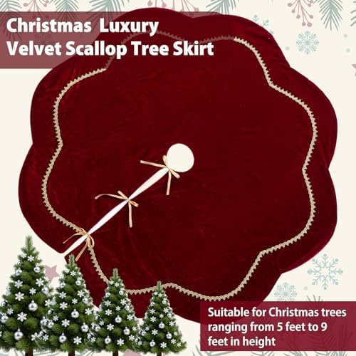 Arrowbash Red 72 Inch Christmas Tree Skirt Velvet Scallop Ddge - Image 6