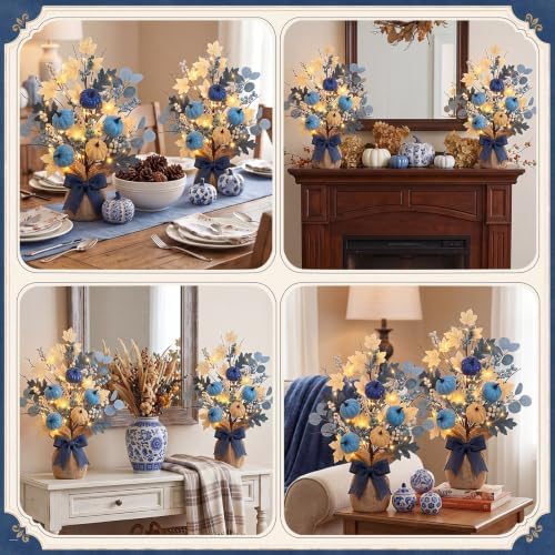 Yinder 2 Pack 18" Blue White Fall Pumpkin Tree with LED Lights Decor - Image 4