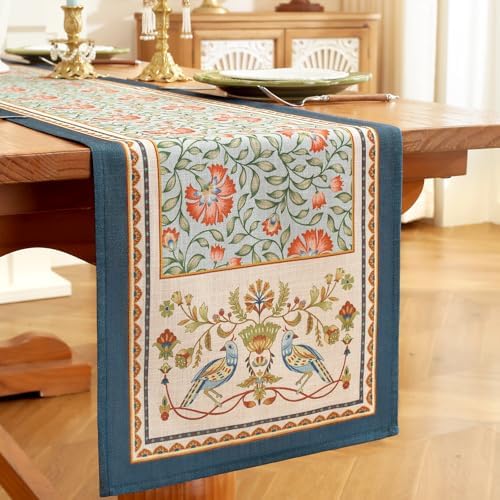 Laolitou Designer Vintage Blue Floral Linen Table Runner, Farmhouse Cottage Rustic Table Runners, Wrinkle Resistant Table Decoration for Kitchen Dining and Coffee Tables Banquet Christmas 13x72 Inches - Image 3
