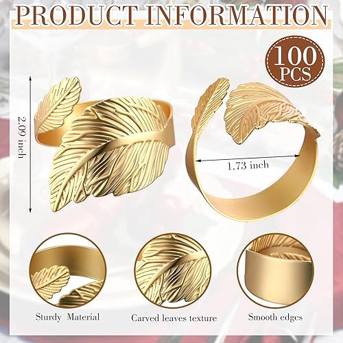 Bokon 100 Pcs Gold Napkin Rings, Metal Leaf Shaped Holders for Wedding - Image 2