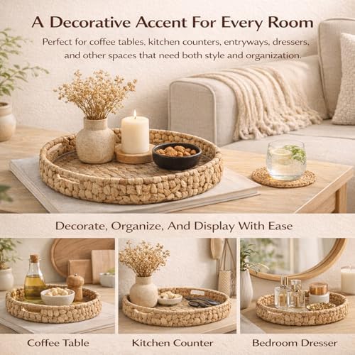 Round Woven Rattan Tray with Clear Acrylic Insert and Handles, Water Hyacinth Decorative Storage Tray for Coffee Table, Ottoman, Bathroom Counter, Kitchen (L: 14.96 in × 2.95 in) - Image 6