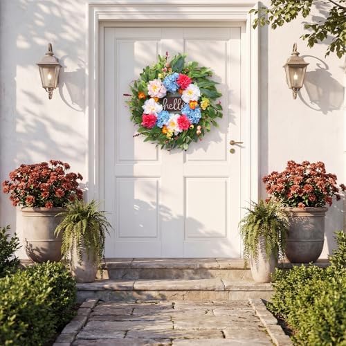 24" Peonies Wreaths for Front Door with Blue Hydrangea, Peonies, Dahlia, Phalaenopsis, Spring&Summer Outdoor Artificial Flowers for Wedding, Front Door Porch Yard Patio Home Decor - Image 5