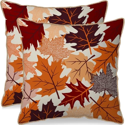 Fall Velvet Pillow Covers 20x20 Set of 2, Burnt Orange Autumn Colored Maple Leaves Harvest Holiday Decorative Throw Pillowcases Seasonal Theme Farmhouse Cushion Cases Couch Sofa Bed Decor by Aytipun