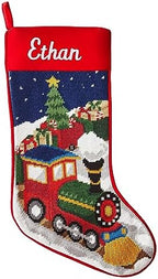 Let's Make Memories Personalized Needlepoint Christmas Stocking - Embroidered Family Stockings - Old-Fashioned Christmas Décor - Mantel Décor - 8"x17" - Customized Embroidered Name - Train by LetsMakeMemories