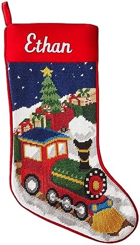 Let's Make Memories Personalized Needlepoint Christmas Stocking - Embroidered Family Stockings - Old-Fashioned Christmas Décor - Mantel Décor - 8"x17" - Customized Embroidered Name - Train by LetsMakeMemories