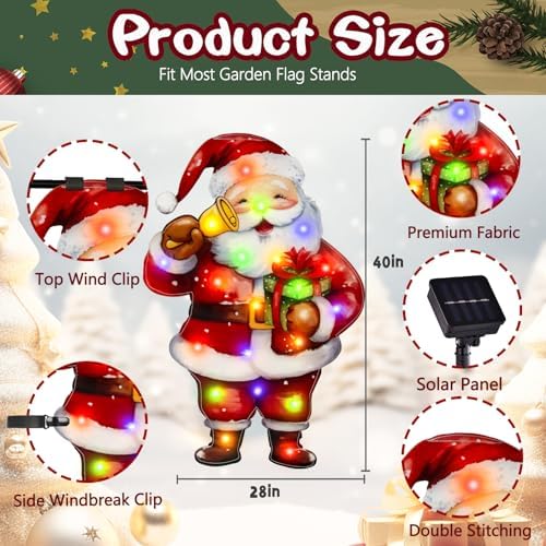 28x40 Lighted Christmas Santa Garden Flag, 8 Modes Solar LED - Image 2