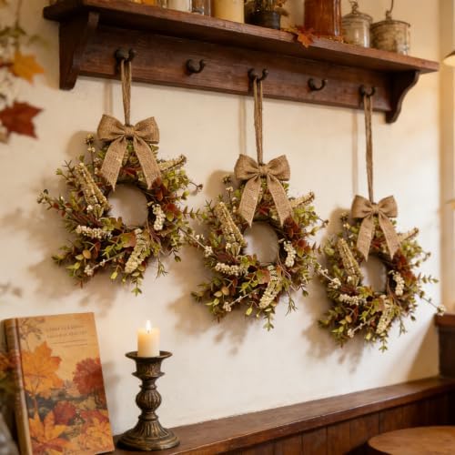 6 Pcs Small Fall Hanging Wreaths with Artificial Autumn Eucalyptus Greenery White Buds Beige Spikes Mini Cabinet Wreath for Home Table Centerpieces Kitchen Farmhouse Thanksgiving Party Decor - Image 7