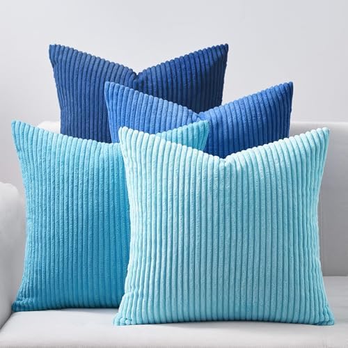 Topfinel Decorative Throw Pillow Covers Aque Teal Blue Series,Summer Corduroy Striped Toss Pillows for Couch,Patio,Balcony,Children Bedroom,Modern Fluffy Blue Gradient Shams 20x20 Inch Set of 4 by Topfinel
