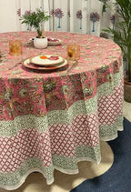 Ridhi Block Print Round Tablecloth Coral Pink & Forest Green 110 in Cotton - Image 2