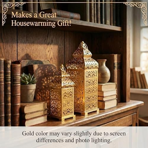 Vela Lanterns Decorative Indoor Moroccan Candle Holders, Gold, Set of 2 - Image 5
