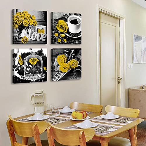 DJSYLIFE Yellow Rose Canvas Wall Art Set of 4 for Living Room 12x12 Inch - Image 4