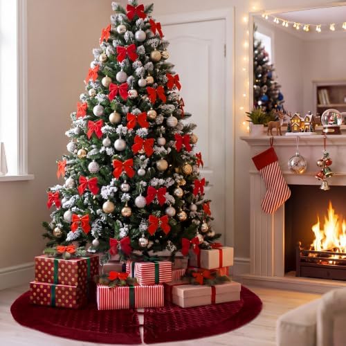 Arrowbash 48 Inch Velvet Christmas Tree Skirt Quilted Tree Skirt, Burgundy - Image 3