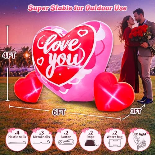 KOOY 6FT Long Mothers Day Inflatables Outdoor Decorations Heart Inflatable with Light for Valentine's Day Gift Engagement Wedding Anniversary Romantic Party Yard Décor - Image 5