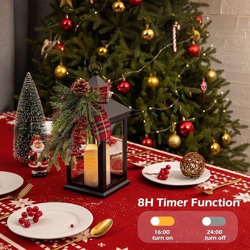 Christmas Decorative Lantern with LED Candle – Black Holiday Lantern with Pinecones, Red Bow – Battery Operated Christmas Table Centerpiece for Indoor/Outdoor Decor(2pack) - Image 4