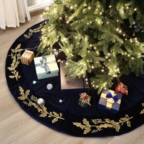 72 Inch Christmas Tree Skirt Velvet Xmas Tree Skirt with Gold Embroidery Holly Leaf Decorations for Christmas Party Favors Holiday New Year Decor(Blue) by Sonwyoung
