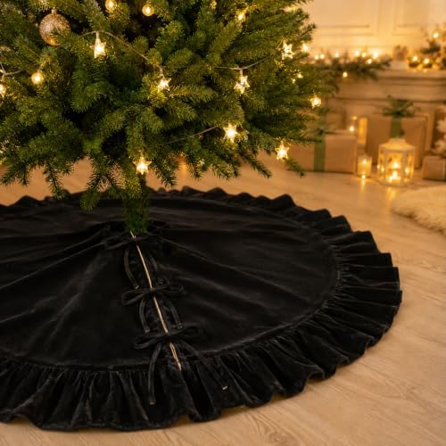 60-Inch Black Ruffled Velvet Christmas Tree Skirt with Bow Ties, Extra Large Vintage Round Pleated Xmas Tree Base Cover for Christmas Holiday Home and Party Decor, 150 cm by AtiMing