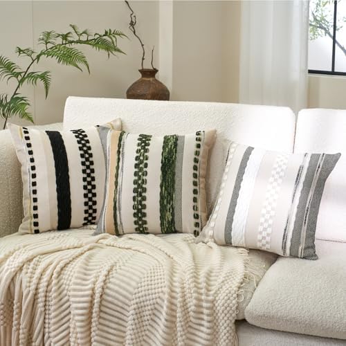 Aeckself Boho Throw Pillow Covers 18x18 Inch Set of 2, Farmhouse Decorative Striped Square Pillow Covers Chenille Tufted Pillow Cases Accent Neutral Pillowcase for Living Room Couch Bed, Gray - Image 3