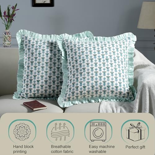 Ridhi Block Print Aquamarine Blue Throw Pillow Cover 20" x 20" (Pack of 2) Decorative Cushion Covers with Ruffle for Couch, Sofa, Bed, Living Room, Home Decor Gift for Spring, Easter, Valentine - Image 5