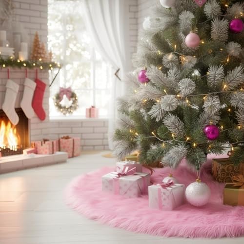 CHICHIC 60 inch Christmas Tree Skirt Faux Fur Xmas Tree Skirt Christmas Decorations Holiday Tree Ornaments Tree Decoration for Christmas Home Decorations, Xmas Party Holiday Decorations, Pink - Image 6
