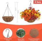 Hananona 2 Set Artificial Outdoor Fall Flowers with Hanging Basket, 2 Packs Hanging Planters with 24 Pcs Faux Fall Mums for Autumn Front Porch Garden Patio Home Decor (2, Orange,Yellow,Burgundy) - Image 2
