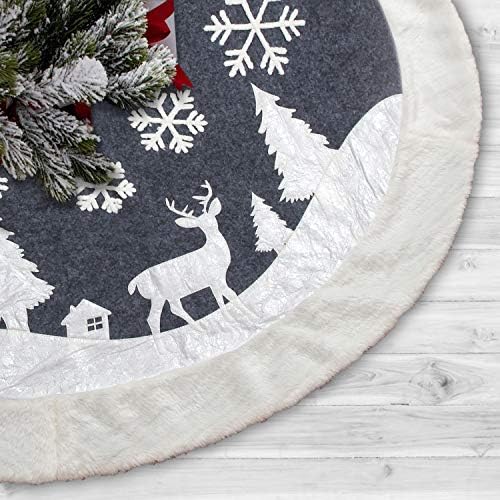Christmas Tree Skirt, Fur Rustic White Xmas Tree Skirt,Snowy Christmas Trees Mat Decorations Indoors,Deer and Snowflake Pattern (48 inches, White Deer) - Image 4