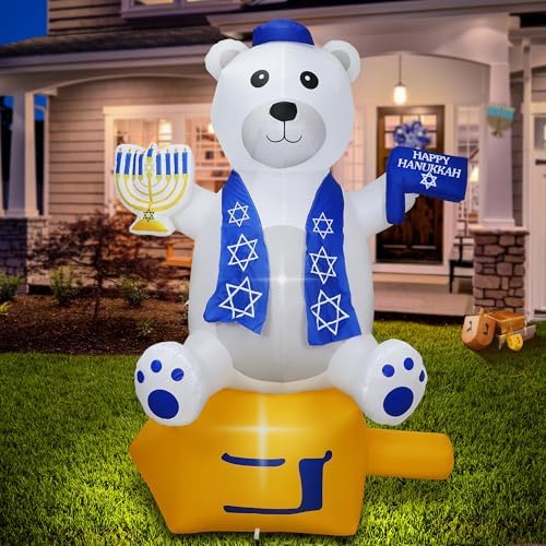 6 Foot Hanukkah Inflatables Outdoor Decorations Bear Holding a Star of David and Menorah with Built-in LED Lights, Blow up Hanukkah Decorations Outside Chanukah Decorations for Yard Garden Home Party by Mosoan