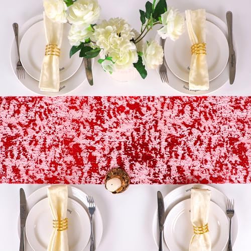 Snowkingdom Red Sparkly Table Runner Glitter Sequin Glitter Metallic Foil Mesh Lace 11 Inch x 49 Feet Long Roll Centerpieces Decorations for Wedding Anniversary Mother's Day Valentine Party Birthday - Image 4
