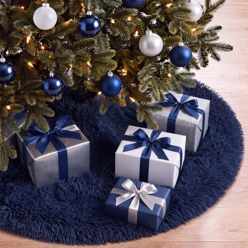 Navy Blue Faux Fur Christmas Tree Skirt 60 Inch Plush Tree Skirt by Skylety