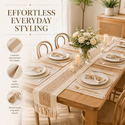 6 Sets Boho Table Runner Placemats Napkins Rings for Dining Table Decor - Image 3