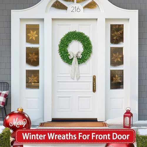 22 Inch Boxwood Wreath for Front Door Realistic with Welcome Sign Faux Easter Green Preserved Boxwood Wreaths Outdoor Spring Wreaths for Front Door Outside for Porch Farmhouse Wall Home Decor - Image 4