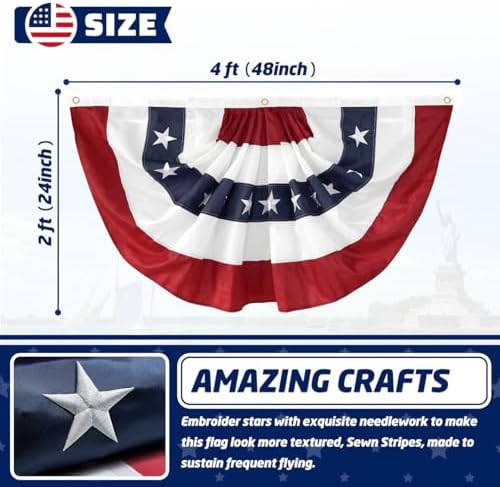 4 Pack American Pleated Fan Flag 2x4 Ft Patriotic Bunting – Embroidered Stars & Sewn Stripes USA Flag for 4th of July Outdoor Porch Fence Garden with Canvas Header & Brass Grommets - Image 2