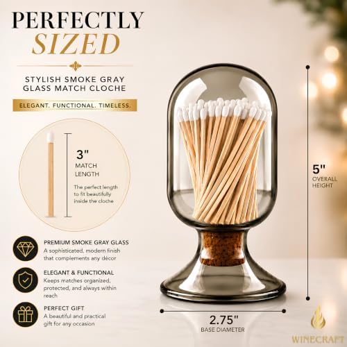 Includes Matches ! | Smoke Gray Glass Matches Cloche | Grey Tinted Decorative Match Holder Jar for Candles Set Display Gift - Image 3