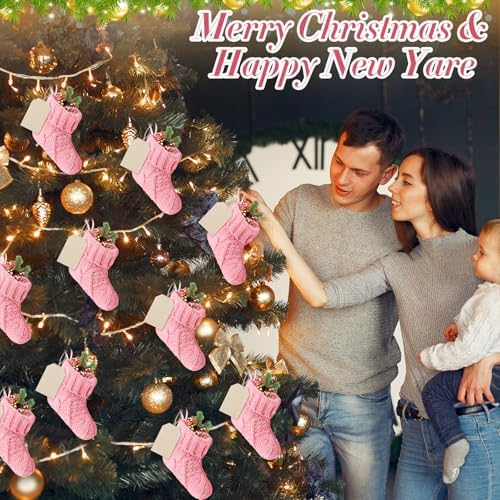 Suhine 36 Set Mini Christmas Knitted Stockings 6'' Neutral Christmas Stocking Rustic Modern Farmhouse Xmas Tree Decor with Wooden DIY Tags Gifts Bulk for Holiday Mantel Party Favor(Pink) - Image 6
