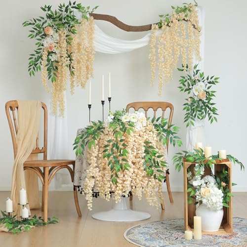 mizii 6Pcs Beige Wisteria Hanging Flowers 48" Silk Wisteria Artificial Flowers Garland Vines Fake Hanging Flowers Decoration for Wedding Flower Wall Backdrop Centerpieces Party Room Decor (Beige) - Image 5