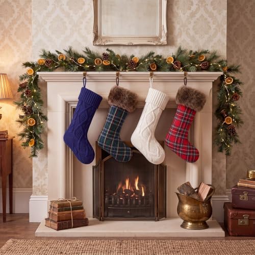 Junkin 4 Pack Tartan Christmas Stockings Navy Blue & White - Image 3