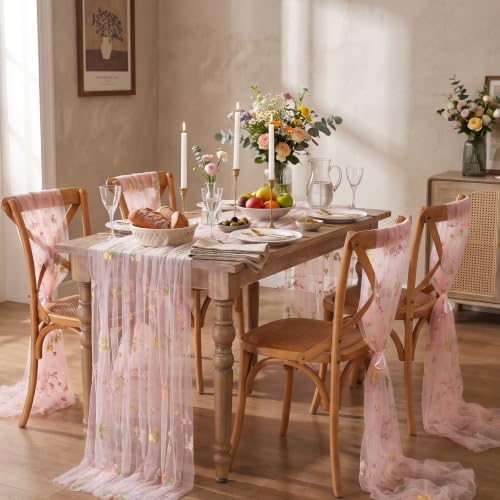 Pink Floral Gauze Table Runner 3pcs 10ft Embroidery Tulle Spring Decor - Image 2