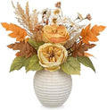 Artificial Fall Floral Centerpiece with Vase, Fake Flowers for Autumn Table Decorations, Silk Rose & Maple Leaves Arrangement, Rustic Cement Vase Harvest Decor for Dining Table, Kitchen, Living Room by DILATATA