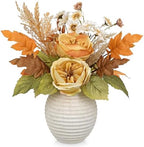 Artificial Fall Floral Centerpiece with Vase, Fake Flowers for Autumn Table Decorations, Silk Rose & Maple Leaves Arrangement, Rustic Cement Vase Harvest Decor for Dining Table, Kitchen, Living Room by DILATATA