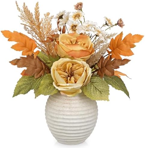 Artificial Fall Floral Centerpiece with Vase, Fake Flowers for Autumn Table Decorations, Silk Rose & Maple Leaves Arrangement, Rustic Cement Vase Harvest Decor for Dining Table, Kitchen, Living Room by DILATATA