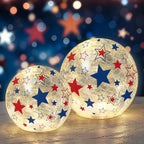 Whaline Patriotic Lighted Decorative Glass Ball 4th of July Party Decoration 4.7/6 in Red Blue American Star Crackle Glass Globe Battery Operated for Independence Day Table Mantel Fireplace, Set of 2 by Whaline