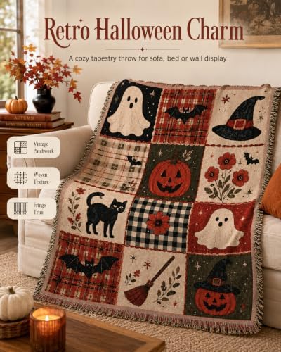 Halloween Tapestry Throw Blanket, Vintage Patchwork Woven Fringe Wall Decor (1set-130 * 160cm(51 * 63in)) - Image 2