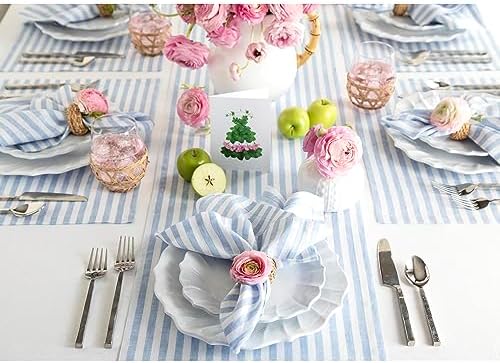 Solino Home 100% Linen Table Runner, 14 x 90 in, Sky Blue and White Striped - Image 2