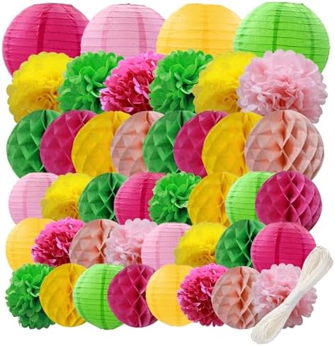 WOLHOWLTD Hawaii Luau Theme Paper Decoration Set - 42Pcs Paper Lanterns,Pompoms,Honeycomb for Wedding,Summer Aloha Party,School Day,Bridal Shower,Birthday Party Decoration(Rosy Pink Yellow Green) by Unknown