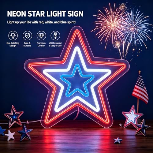 4th of July Patriotic Decorations Red White and Blue Memorial Day Decor Star Neon Sign 12.2 In Acrylic Star Lights for Independence Day Fourth of July Decor for Home Holiday Decor - Image 4