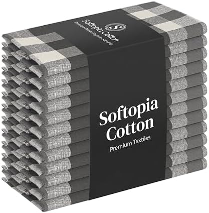 Gingham Check Cloth Napkins Set of 12, Soft, 100% Cotton, Durable, 18"x18", Reusable Dinner Napkins for Every Day & Special Occasions, Washable Table Linens for Dining - Grey Natural by SoftopiaCotton