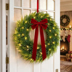 Christmas Decorations, 22 Inch Pre-Lit Christmas Wreath with Red Velvet Bow - Image 4