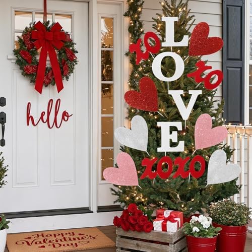 Valentines Day Decorations Tree Ornaments: 12 pcs Extra Large Red Pink White Love Heart XOXO Decorations, Glitter Heart Picks Ornaments for Valentine's Day Tree Topper Home Wedding Office Décor - Image 5