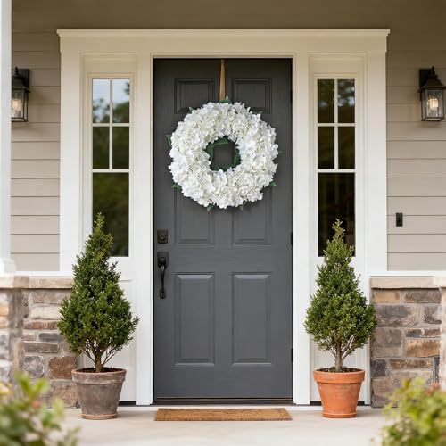 21" Artificial Hydrangea Flower Wreath for Front Door Decor (White) - Image 2