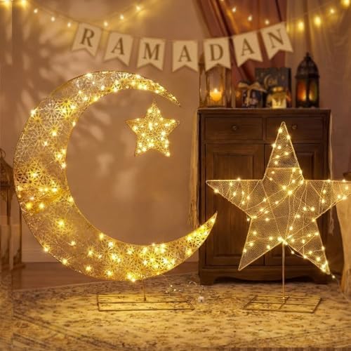 Glooglitter 2.6 ft Pre-lit Eid Mubarak Ramadan Decoration for Moon Star Light Festival Home Decorations Outdoor Lighted Night Lamp Sign with LED Light String for Home Yard Lawn Garden Pathway by Glooglitter