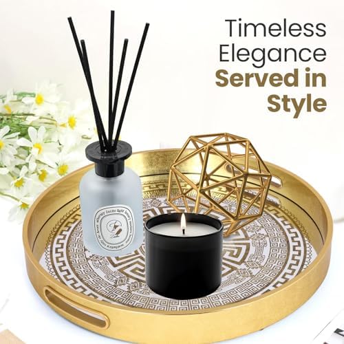 HOME ARCHIVE Round Serving Tray with with Handles Antique Look & Stylish Design Decorative Trays for Kitchen Round Ottoman Tray for Dinning Living Room & Home Decor Pack of 2 (Gold) - Image 3